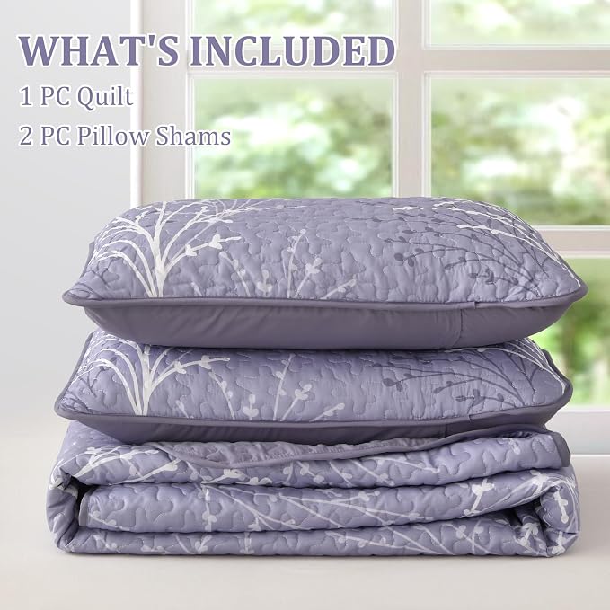 DJY Purple Quilt Set King Size Branch Botanical Bedspread Coverlet Set | 3 - Image 7