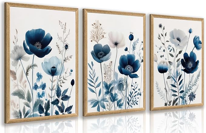 LLEEMPI Navy Blue Floral Wall Art Set of 3, 16x24 Wood Framed Canvas Prints | by Unknown