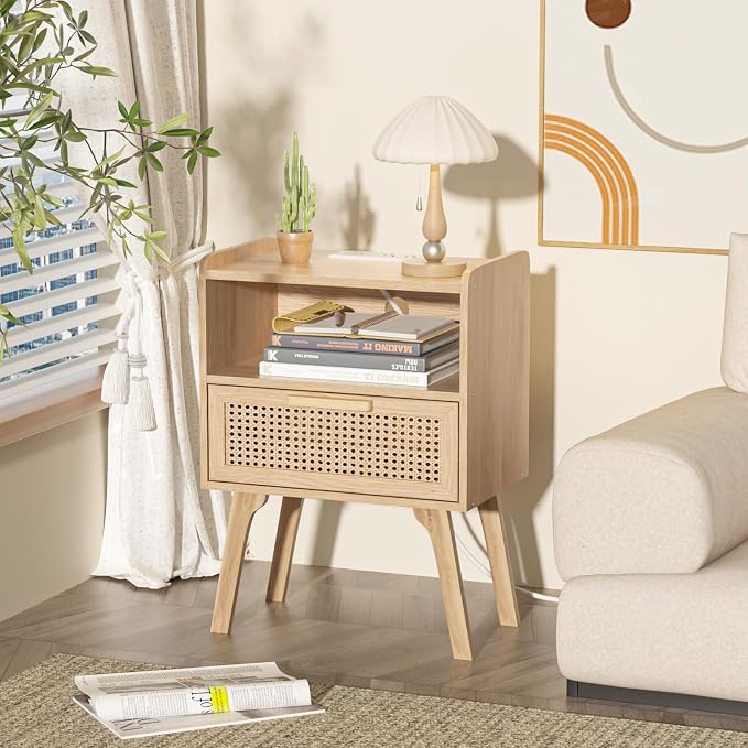 Lerliuo Rattan Nightstand with Charging Station, Boho Night Stand | Handmade - Image 8