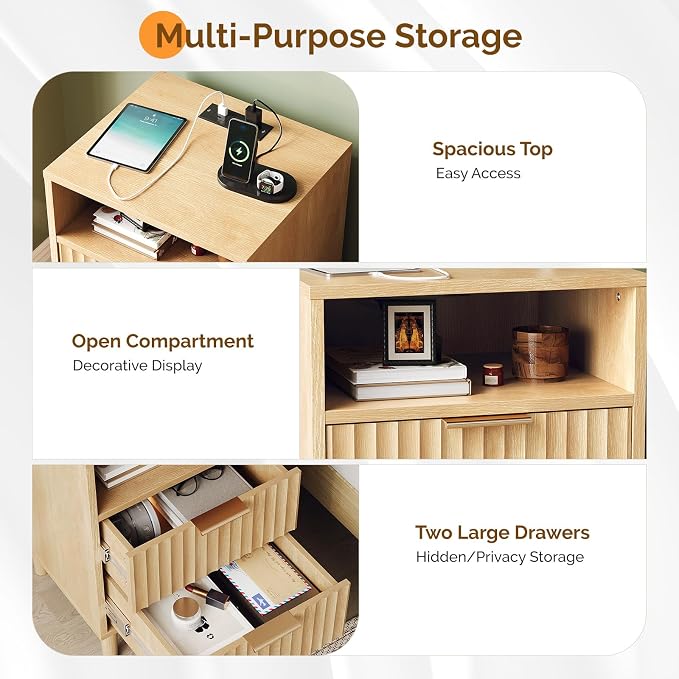 VINGLI Fluted Nightstand with Charging Station, Wood Nightstand with 2 Drawers - Image 7