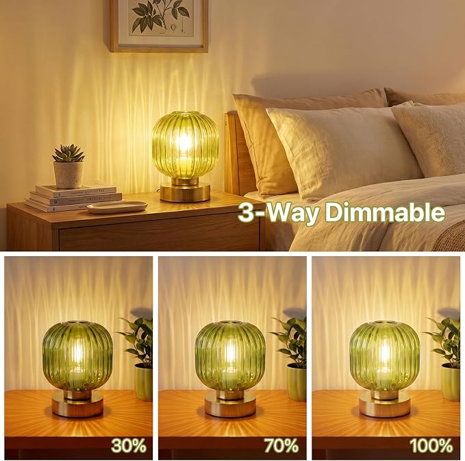 Elenhome Green Touch Glass Table Lamp Set of 2, 3-Way Dimmable Bedside Lamps - Image 3