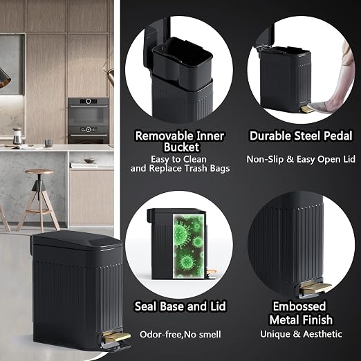 Small Bathroom Trash Can with Lid Soft Close-6L/1.6 Gal Slim Step Garbage - Image 4