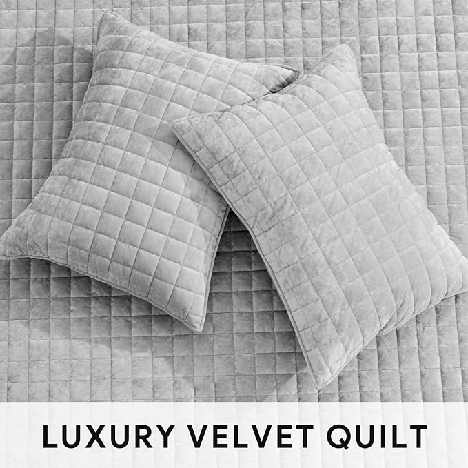 RECYCO Channel Box Stitch Velvet Quilt Set, Twin/Twin XL Size, Frost Gray | - Image 4