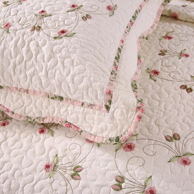 ROOMLIFE Quilt Set Twin Floral Leaves 3D Embroidery Pattern 2-Piece Cotton | - Image 6