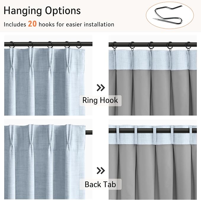 Pinch Pleated Full Blackout Faux Linen Curtains 102 Inches Long | Chambray Blue - Image 3