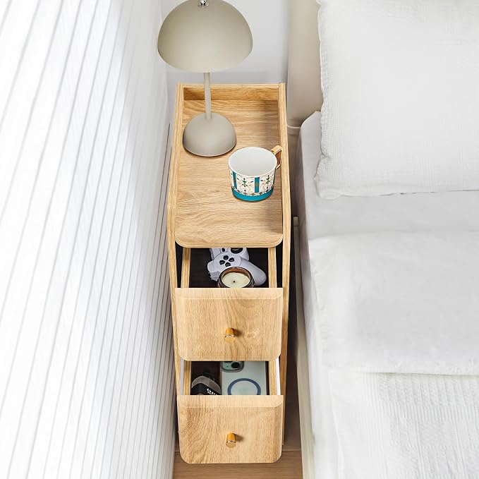 Narrow Nightstand Set of 2, Wooden Small 2 Drawer Nightstand, Slim Side End - Image 5