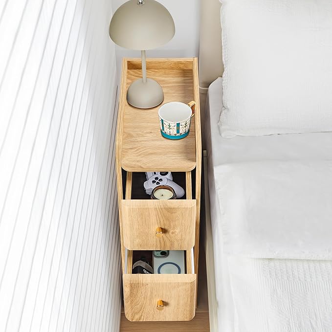 Narrow Nightstand Set of 2, Wooden Small 2 Drawer Nightstand, Slim Side End - Image 2