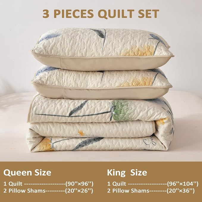 Dinjoy King Size Quilt Set, Floral Printed Bedspread Coverlet Set | Yellow Blue - Image 4