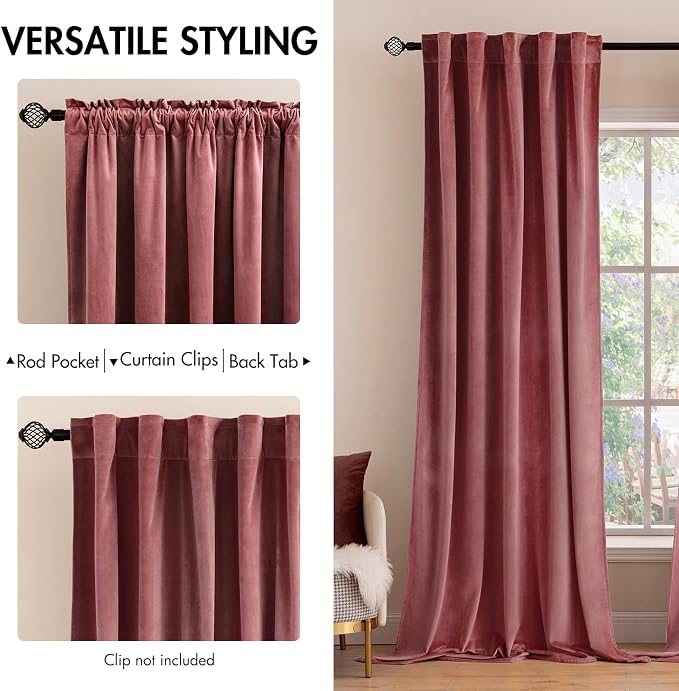 MIULEE Velvet Blackout Curtains 52x84 inches 2 Panels Dusty Rose Pink | Luxury - Image 2