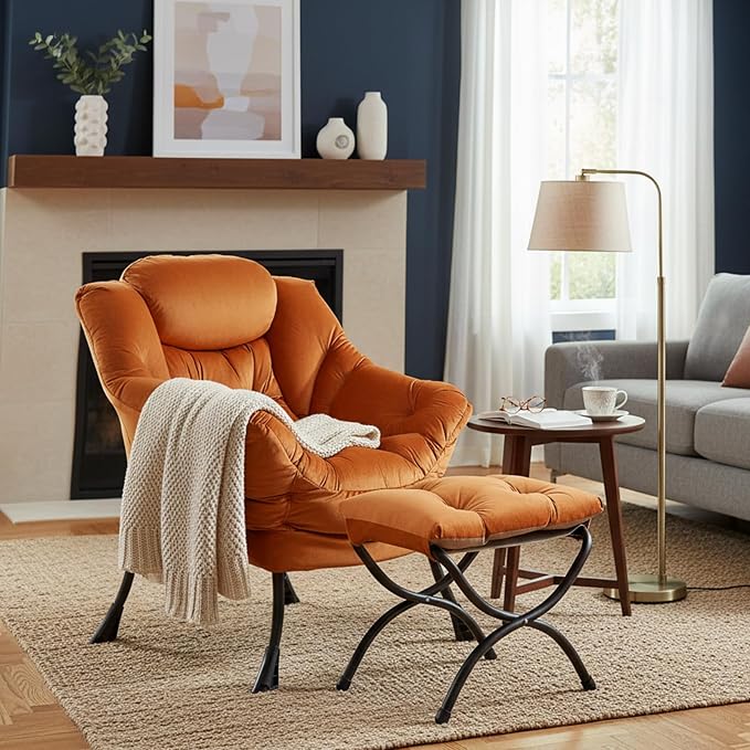 Welnow Orange Lazy Chair with Ottoman, Reading Chair with Footrest | A Side - Image 9