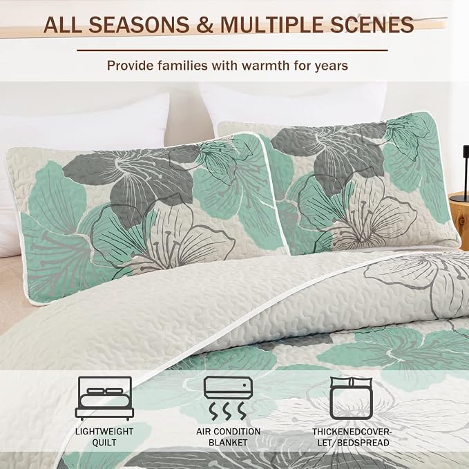 DJY 3 Pieces Quilt Set King Green Floral Pattern Quilt Coverlet Elegant Boho - Image 3