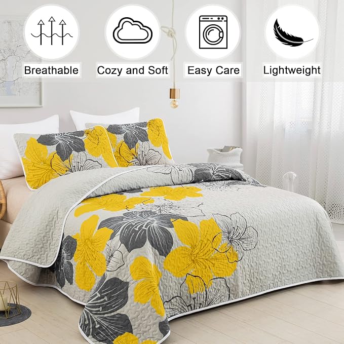 DJY 3 Pieces Quilt Set King Yellow Floral Pattern Quilt Coverlet Elegant Boho - Image 2