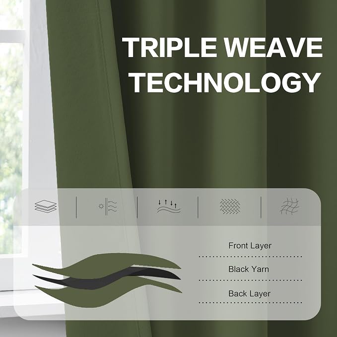 Olive Green Curtains 102 Inches Long 2 Panels Set, Room Darkening Blakcout - Image 4
