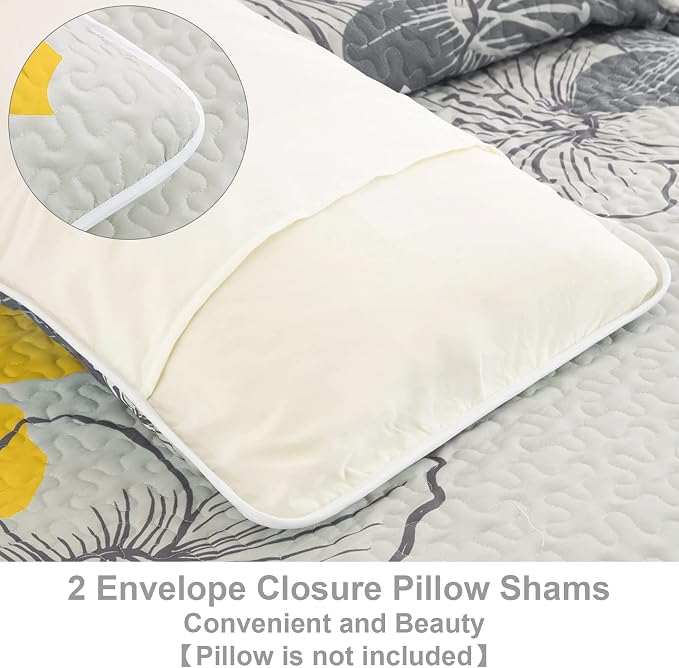 DJY 3 Pieces Quilt Set California King Yellow Floral Pattern Quilt Coverlet Set - Image 7