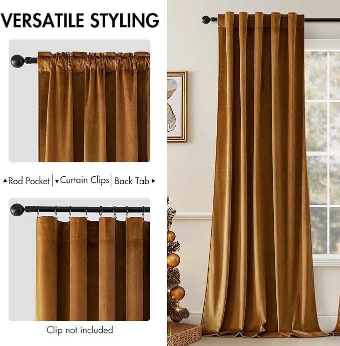MIULEE Velvet Curtains 52x108 inches 2 Panels Gold Brown Blackout Curtains | - Image 2