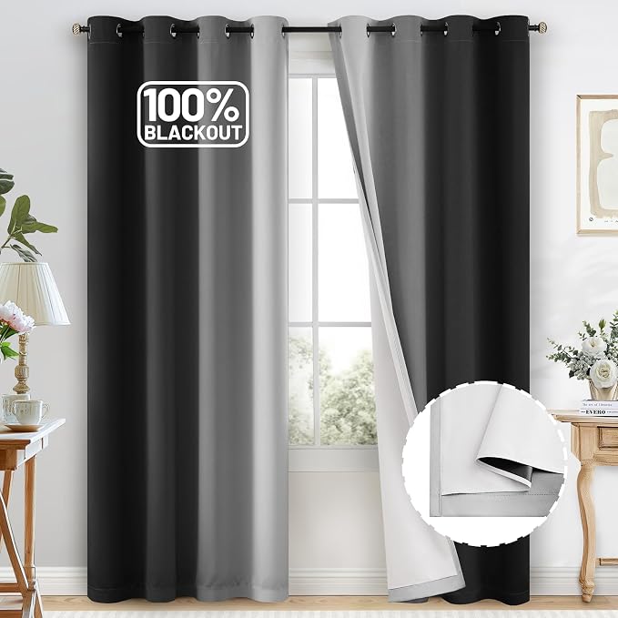 COSVIYA Grommet 100% Blackout Black Ombre Curtains White Back, W52xL84 Inch | 2 by COSVIYA