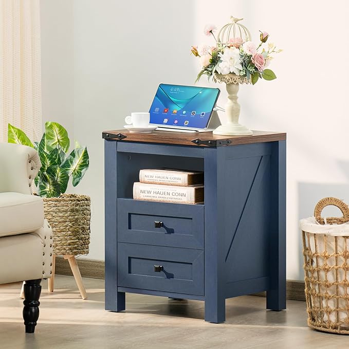 Joaxswe Nightstand with Charging Station, Farmhouse Night Stand with 2 Drawers - Image 8