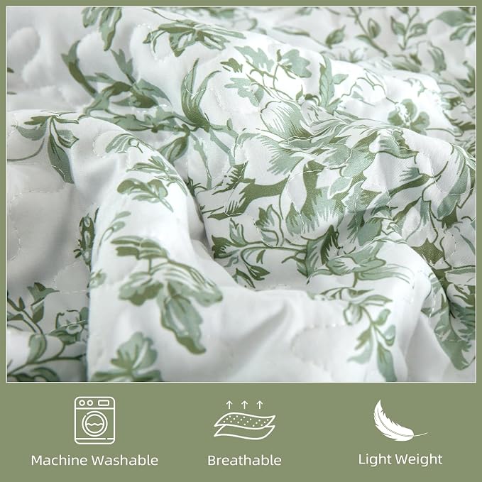WONGS BEDDING Botanical Queen Size Quilt, 3 Pieces Bedspread Set, Sage Green | - Image 5