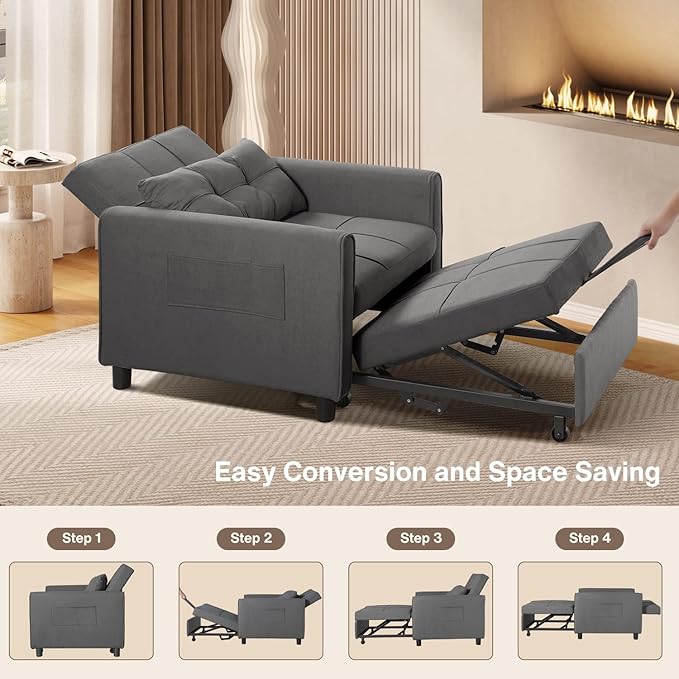Aiho 3-in-1 Sleeper Chair Bed Convertible Sofa, Dark Gray | Convertible Chair - Image 4