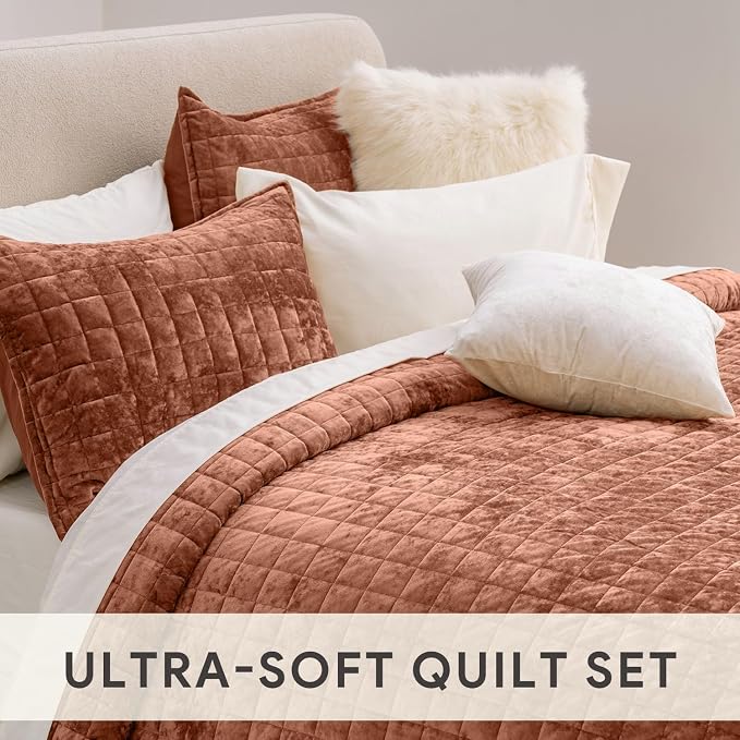 RECYCO Channel Box Stitch Velvet Quilt Set, Full Queen Size, Terracotta | Ultra - Image 4
