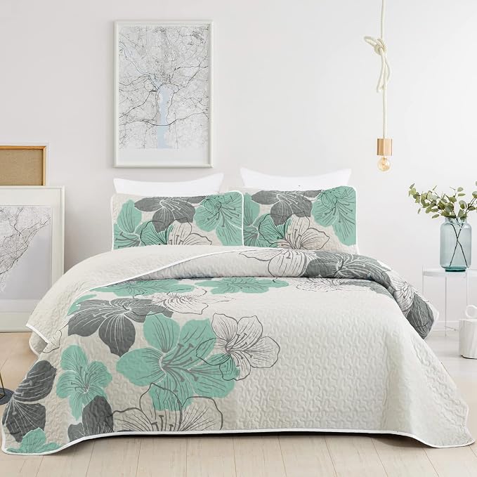 DJY 3 Pieces Quilt Set King Green Floral Pattern Quilt Coverlet Elegant Boho by HOME