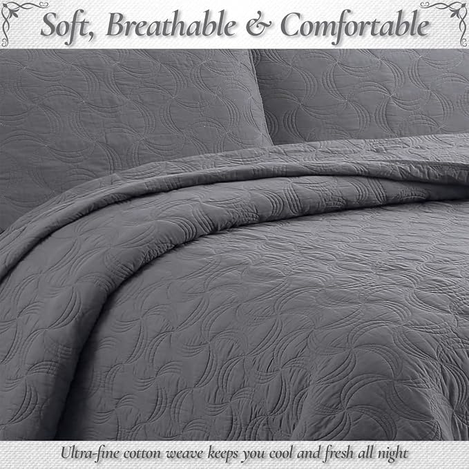Cozy Line Home Fashions Charcoal Gray Cotton Quilt Set – 3-Piece Solid Textured - Image 6
