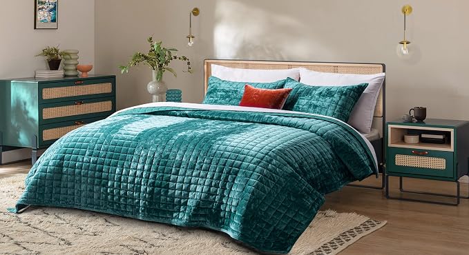 RECYCO Channel Box Stitch Velvet Quilt Set, Full Queen Size, Teal | Ultra Soft - Image 3