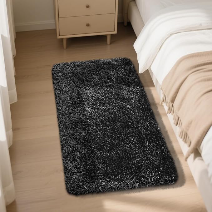 Black 2x4 Area Rugs for Bedroom, Fluffy Shag Rug Small Rug Bedroom Carpet | - Image 2