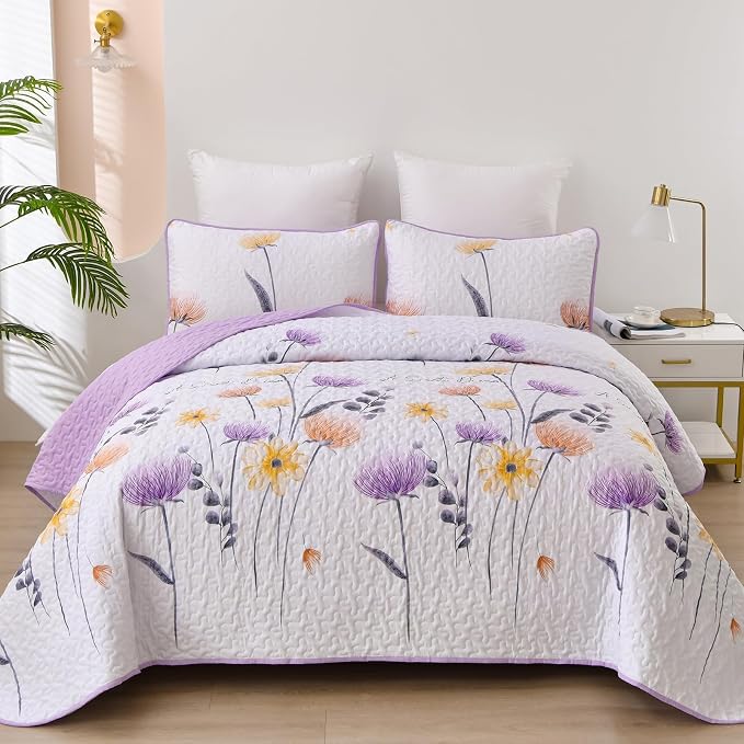 Dinjoy Floral Quilt Set Queen, 3 Pieces Purple Flower Bedspread Coverlet | Soft by DINJOY