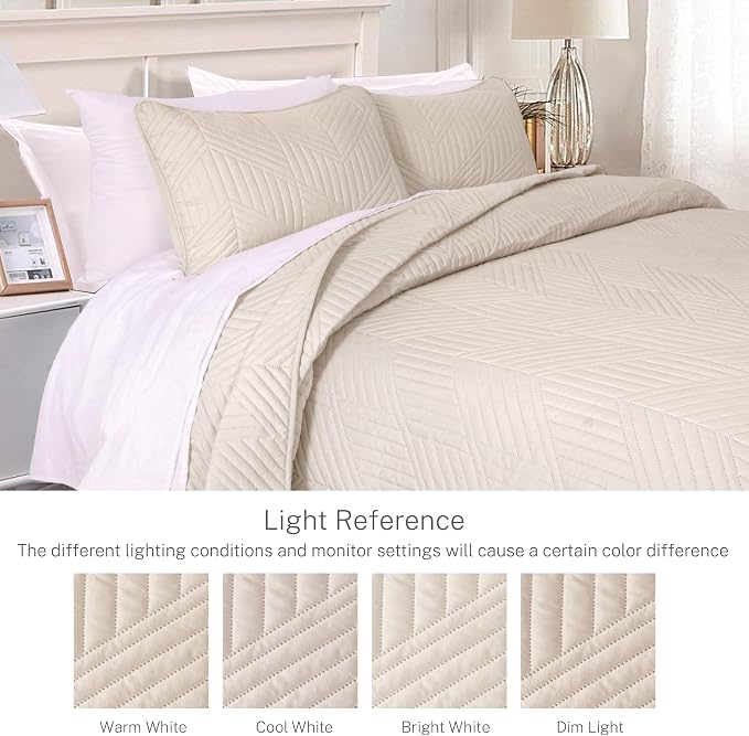Exclusivo Mezcla Ultrasonic Full Queen Quilt Bedding Set, Brich Beige | - Image 3