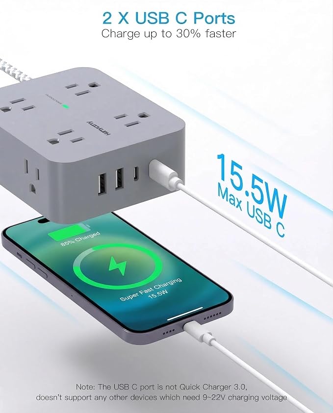 HANYCONY Surge Protector Power Strip 15 Ft Long Cord, Flat Plug | Extension Cord - Image 4