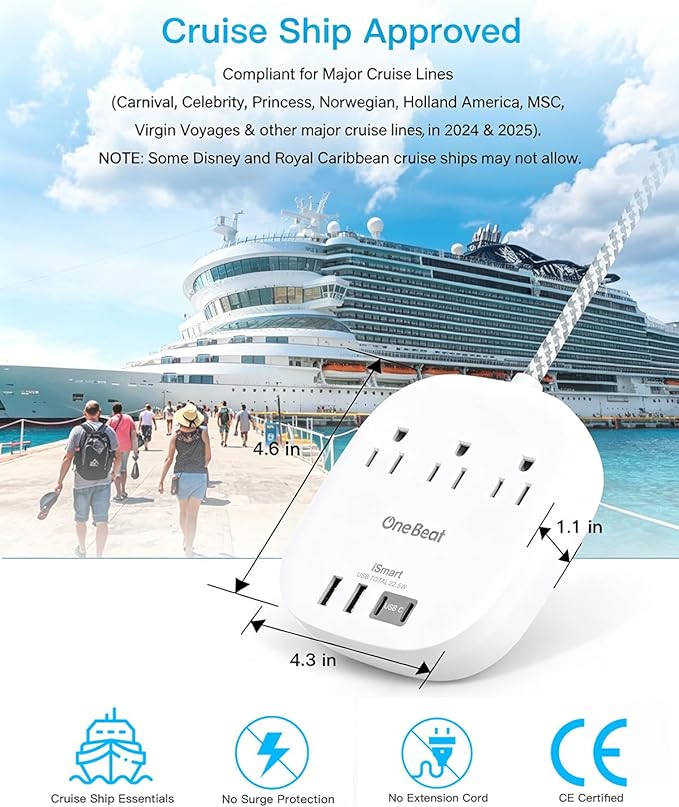 15 Ft Long Extension Cord, 22.5W/4.5A Cruise Ship Flat Plug Power Strip | 3 - Image 5