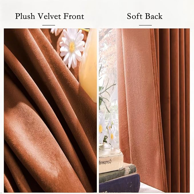 Timeper Burnt Orange Velvet Curtains 108 inches 2 Panels, Light Blocking - Image 4