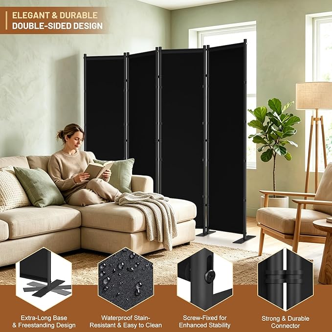 4 Panel Room Divider, 6FT Freestanding Folding Privacy Screen, Room Divider - Image 3