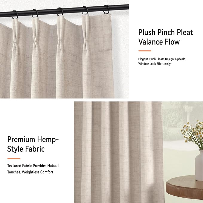 Pinch Pleated Full Blackout Faux Linen Curtains 90 Inches Long | Oatmeal - Image 7