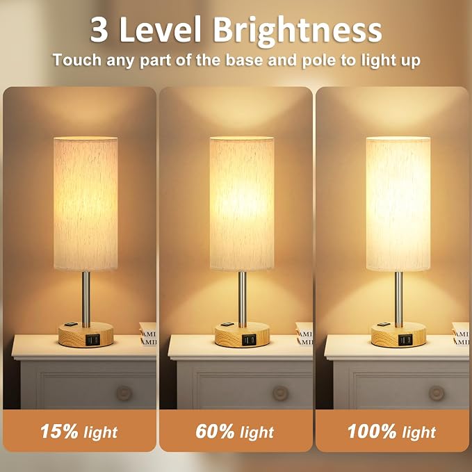 Small Touch Table Lamps Set of 2-3-Way Dimmable, USB A + C Charging, AC Outlet - Image 3