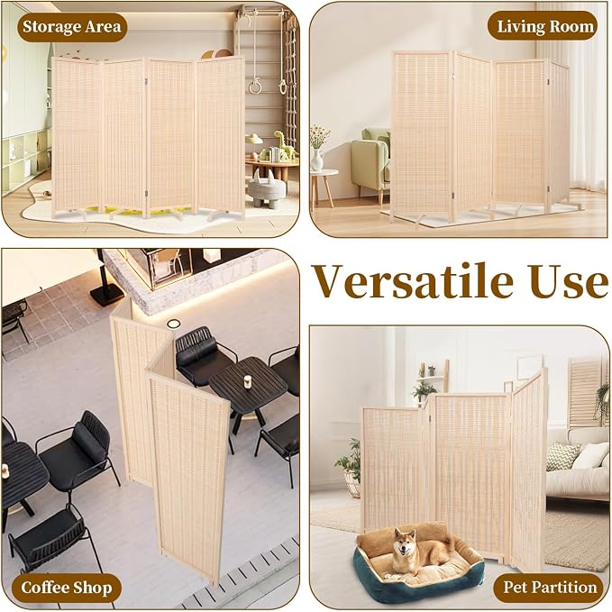 Bamboo Room Divider 4 Panel 47" H, 360°Rotating Feet Privacy Screen, Portable - Image 7