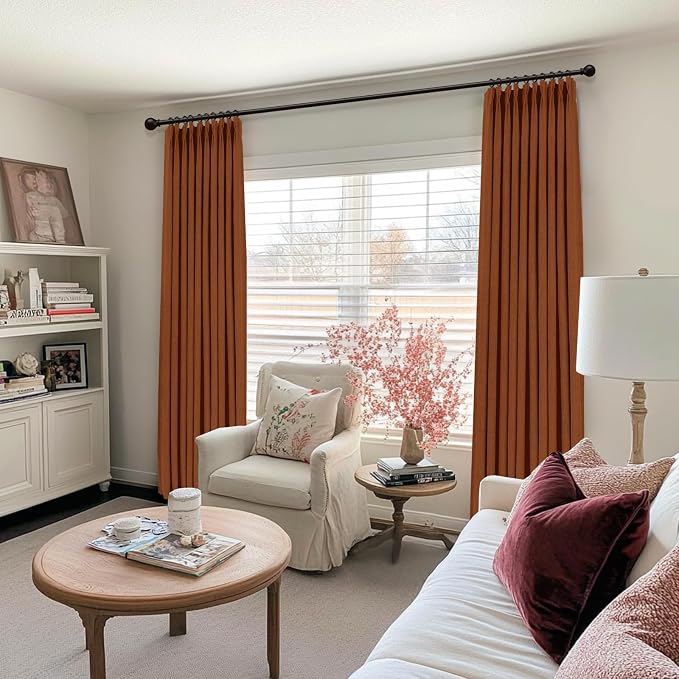 Pinch Pleated Full Blackout Faux Linen Curtains 84 Inches Long | Burnt Orange - Image 5