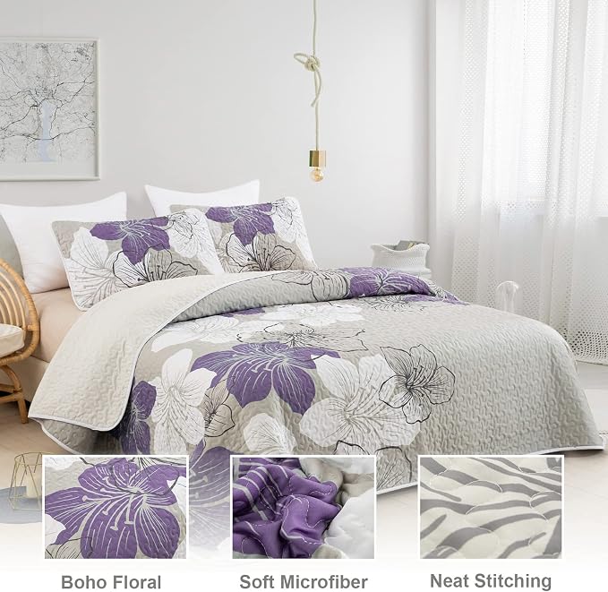 DJY 3 Pieces Quilt Set California King Purple Floral Pattern Quilt Coverlet Set - Image 2