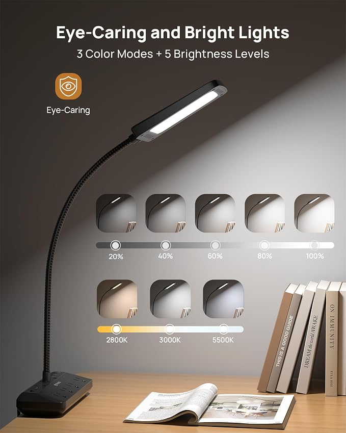 TROND LED Desk Lamp with Clamp Power Strip, 6ft Flat Plug Extension Cord | Eye - Image 3