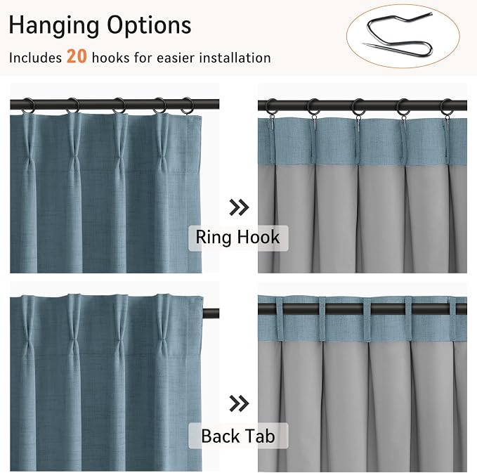 Pinch Pleated Full Blackout Faux Linen Curtains 96 Inches Long | Stone Blue - Image 3