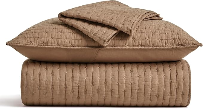 100% Cotton Cross Stitch 3-Piece Quilt Set, Camel Brown | 100% Cotton, Elegant - Image 8