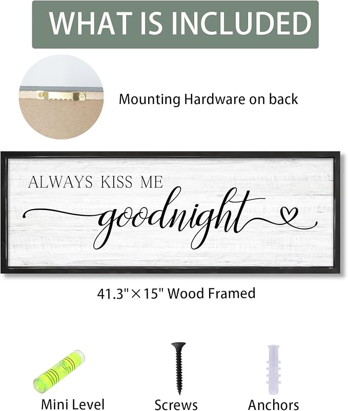 Always Kiss Me Goodnight Wall Sign Above Bed 41.3''×15'' Large Farmhouse Wall - Image 3