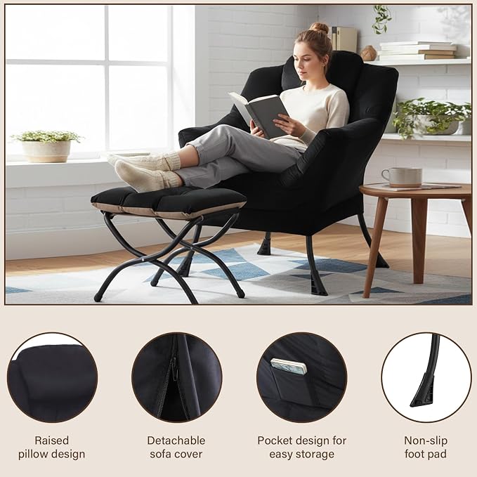 Welnow Lazy Chair with Ottoman, Reading Chair with Footrest, Foldable Footrest - Image 5