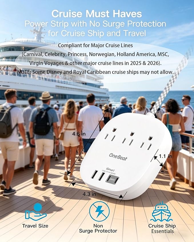 10 Ft Long Extension Cord, 22.5W/4.5A Cruise Ship Flat Plug Power Strip | 3 - Image 5