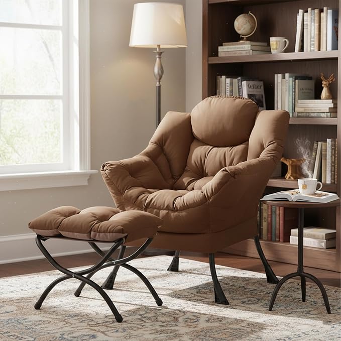 Welnow Lazy Chair with Ottoman, Reading Chair with Footrest, Dark Brown | A - Image 9
