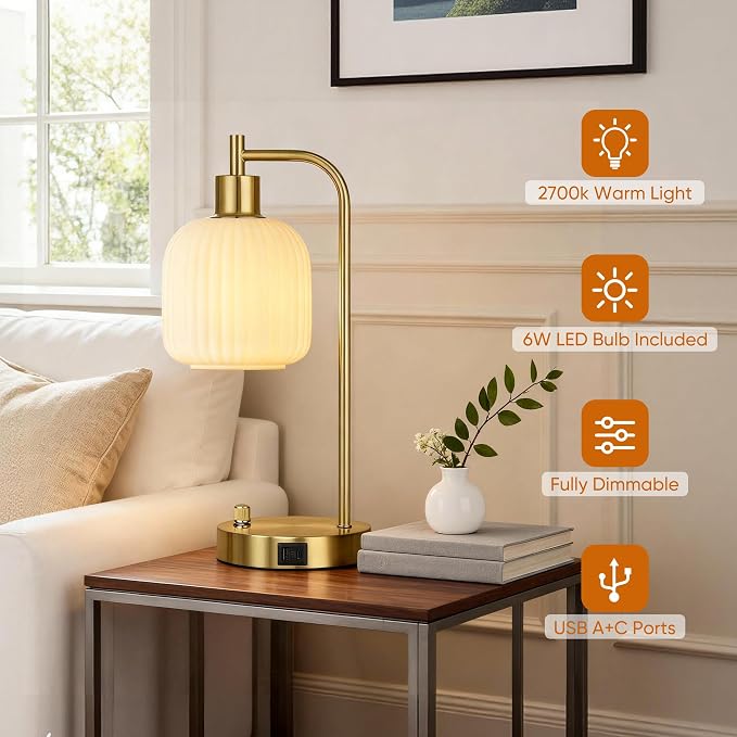 Cream Glass Table Lamps Set of 2, Dimmable Bedside Lamps - Image 4