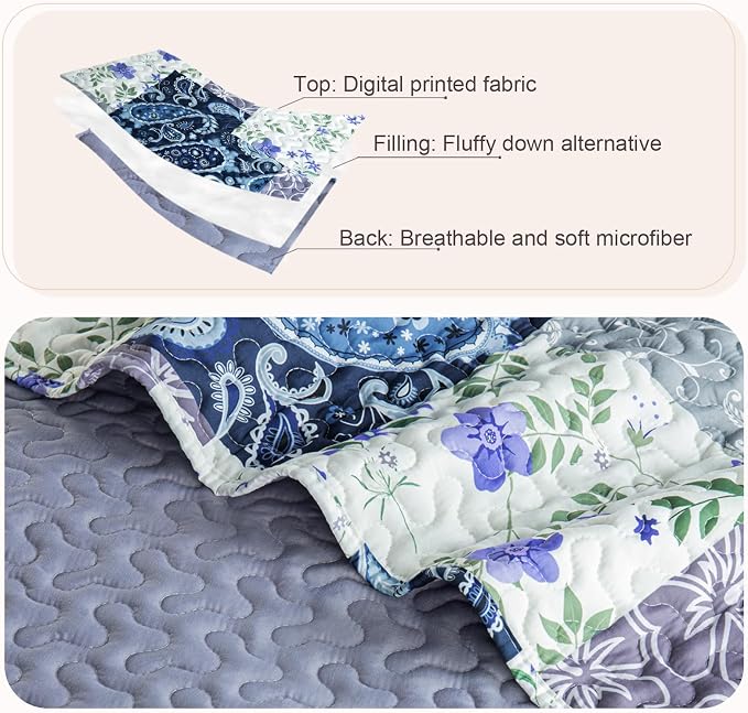 Whale Flotilla California King Size Quilt Set, Extra Soft Floral Bedspreads | - Image 5