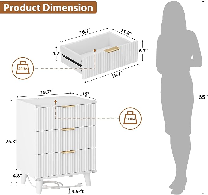 Wood Nightstands Set of 2 w/Charging Station, 3 Drawers Fluted Dresser | White - Image 3