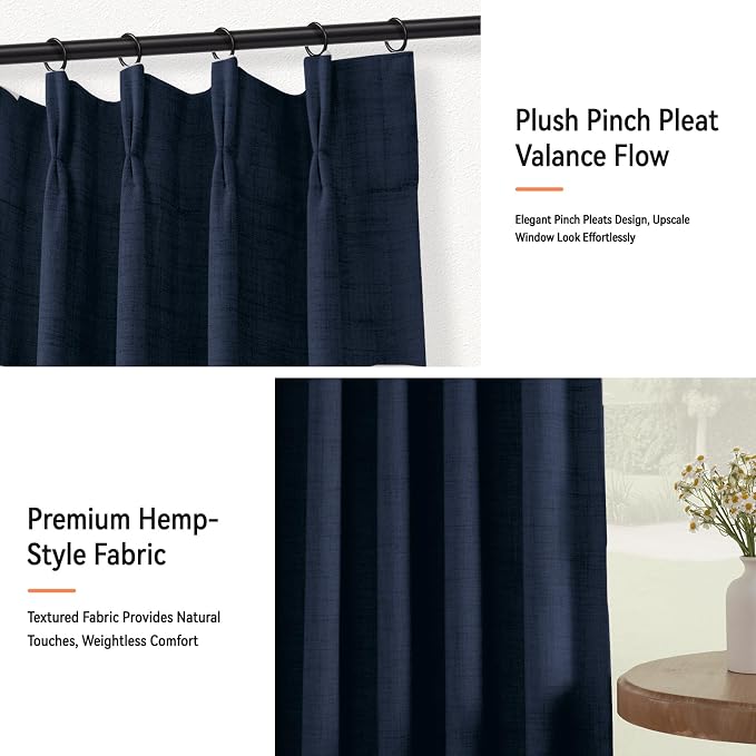Pinch Pleated Full Blackout Faux Linen Curtains 96 Inches Long | Midnight Blue - Image 7